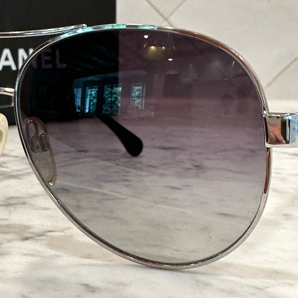 Chanel Silver Frame with Black Leather Arm Sunglasses - Picture 9 of 16
